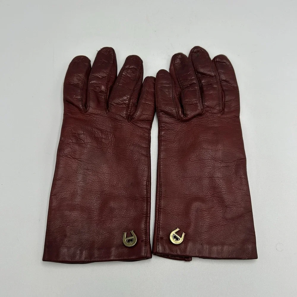 Vintage Etienne Aigner Burgundy Leather Gloves Women Size 7 Italy Horseshoe Logo